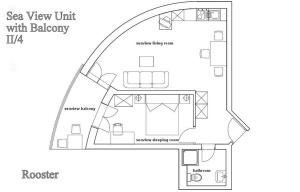a floor plan of a small apartment with balcony at Ark Beach Apartments in Split