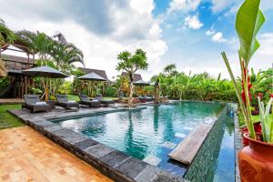 an infinity pool with chairs and umbrellas at a resort at Bali Natha Beach Front in Canggu