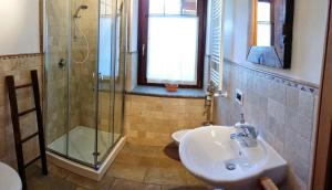 uma casa de banho com um lavatório e uma cabina de duche em vidro. em Le Renard d'Introd em Introd