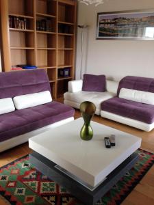 サン・ジャン・ド・リュズにあるnivelleのリビングルーム(紫と白のソファ、コーヒーテーブル付)