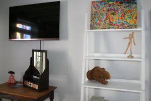uma sala de estar com prateleiras brancas e uma televisão em Wild Artz em Cidade do Cabo