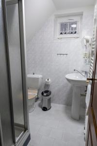 a white bathroom with a toilet and a sink at Penzion U Candru in Vyšší Brod