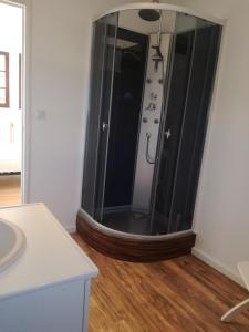 een badkamer met een douche en een grote spiegel bij Anim'O Perch' & Gîtes (AOPEG) in Mézières-au-Perche +2 foto's