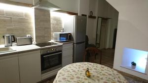 a kitchen with a refrigerator and a microwave at Kisfaludy Sándor Apartman in Győr