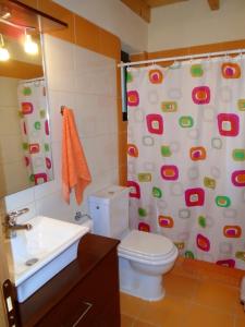 La salle de bains est pourvue de toilettes et d'un rideau de douche. dans l'établissement Ορεινή μονοκατοικία στα Χαλκιάνικα - Κοντά στη Ζαρούχλα - λίμνη Τσιβλού, à Khalkiánika