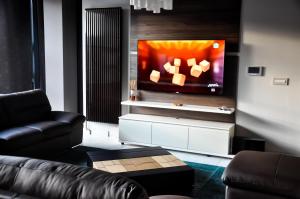 a living room with a couch and a flat screen tv at Rubio Residence - Frateria Apartment in Arad