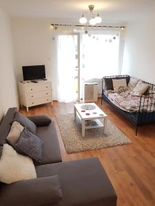 sala de estar con sofá y mesa de centro en Good Life Home Apartment Szentendre, en Szentendre