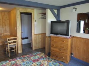 ein Schlafzimmer mit einem TV auf einer Kommode und einem Bett in der Unterkunft Lakeside Motel in Williams Lake