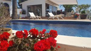 uma piscina com flores vermelhas ao lado de uma casa em Villa Joya em Benissa