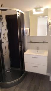 a bathroom with a shower and a sink and a mirror at Hôtel Montespan in Lussac-les-Châteaux +43 photos