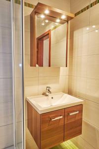 a bathroom with a sink and a mirror at Wohnen im Kolonialstil inklusive Tiefgarage, kontaktloser Check-in in Klagenfurt +12 photos