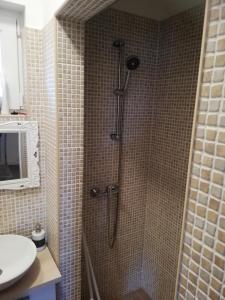 uma cabina de duche na casa de banho com um lavatório em House at Lake em Esztergom