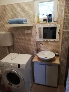 ein Badezimmer mit einer Waschmaschine und einem Waschbecken in der Unterkunft House at Lake in Esztergom