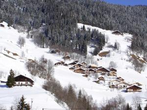 un grupo de casas en una montaña nevada en Les Myosotis en Arêches