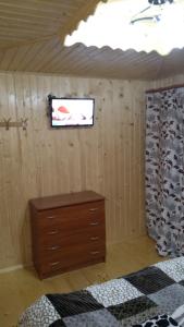 a room with a tv on a wall with a dresser at Базилік in Yaremche