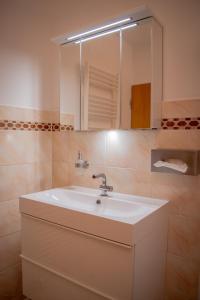 ein Badezimmer mit einem weißen Waschbecken und einem Spiegel in der Unterkunft Liebesvolles Studio in Eppstein in Eppstein