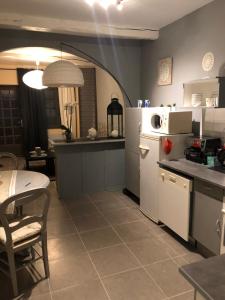 a kitchen with a white refrigerator and a table at la Salaberie in Villeréal +4 photos