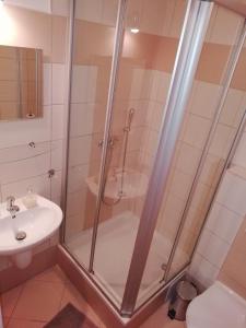 La salle de bains est pourvue d'une douche et d'un lavabo. dans l'établissement Privát Kompišovci, à Liptovský Ján