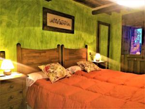 2 camas en un dormitorio con paredes verdes en Casa Rural Amparo, en Mogarraz