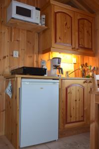 uma cozinha com um frigorífico branco e um micro-ondas em Northern gate Besseggen - Cottage no 17 in Besseggen Fjellpark Maurvangen em Maurvangen