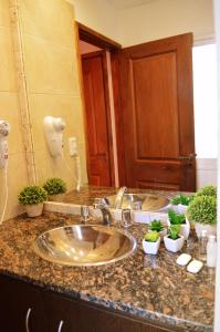 a bathroom with two sinks with potted plants on the counter at 770Hotel in Mar del Plata