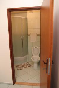 a bathroom with a toilet and a glass door at City Building in Šaca
