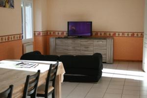 a living room with a couch and a television at La Prunelle 1 in Ferrières-Saint-Mary