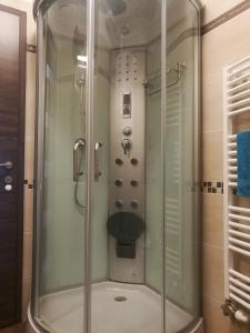 シオーフォクにあるPanoráma Wellness Apartmanのバスルーム(ガラスドア付きのシャワー付)