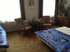 a bedroom with a bed and two chairs and a table at AT Pension in České Budějovice