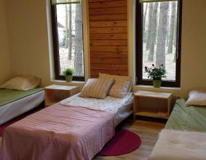 a bedroom with two beds and two windows at Przystanek Zofiówka in Tuszyn