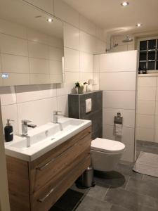 La salle de bains est pourvue d'un lavabo et de toilettes. dans l'établissement Boerderij de Enkhoeve, à Laag-Soeren