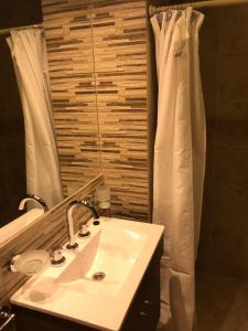baño con lavabo y cortina de ducha en Casa del Parque en Necochea
