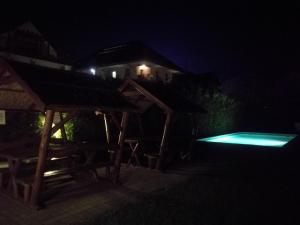 a swimming pool at night with a house in the background at Noémi Wellness Apartman in Siófok