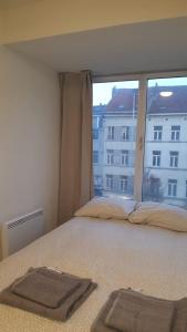 - une chambre avec un lit et une grande fenêtre dans l'établissement Central Appartment 2 bedrooms, à Bruxelles