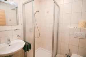a bathroom with a shower and a sink at Apart Bauernhof ,,Becka Hof´´ in Nauders