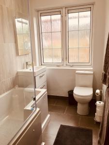 a bathroom with a toilet and a tub and a sink at Tapestry Apartment in London