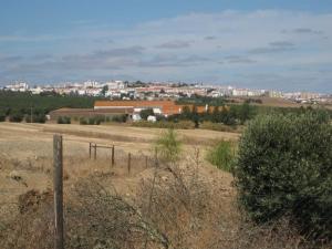 een uitzicht op een veld met een stad op de achtergrond bij Monte das Beatas - Alojamento Local in Beja