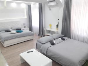 1 Schlafzimmer mit 2 Betten, einem Tisch und einem Schreibtisch in der Unterkunft Apartmani Abbazia in Banja Luka