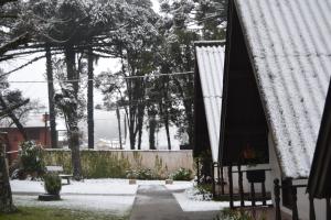 een sneeuwbedekte tuin met bomen en een hek bij Hotel Pousada Dos Pinheiros in Canela