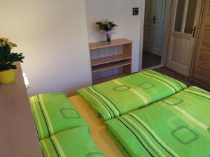 two beds in a room with green sheets at U Macháčků - Lipno in Lipno nad Vltavou