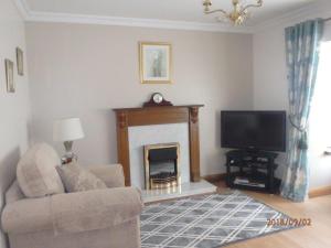 a living room with a fireplace and a television at Torrent Cottage in Coalisland