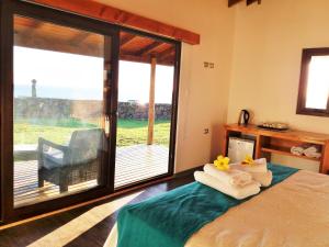 Schlafzimmer mit einem Bett und einem großen Fenster mit Aussicht in der Unterkunft Takarua Lodge in Hanga Roa