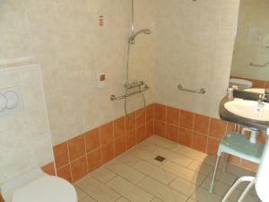 e bagno con doccia, servizi igienici e lavandino. di Hotel Anjou à L'Océane Angers-Le Mans a Saint-Sylvain-dʼAnjou