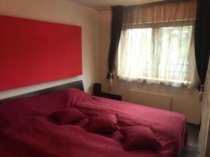 1 dormitorio con cama roja y ventana en Pamporovo Central Apartments, en Pamporovo