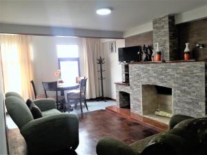 Una sala de estar con un sofá y una chimenea. en Royalty Inn, en Lima