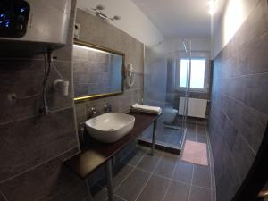 a bathroom with a sink and a shower at Dózsaház in Zalaegerszeg +30 photos