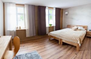 a bedroom with a bed and two windows at Pension-City-Kontor-Erfurt in Erfurt