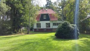 a house with a red roof on a green yard at Ferienhaus Bindow in Bindow Siedlung