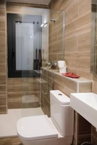 y baño con aseo, lavabo y ducha. en SM Apartments Station, en Lleida