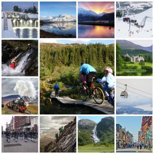 a collage of photos of people riding bikes and sights at Glenmhor Log Cabin in Fort William